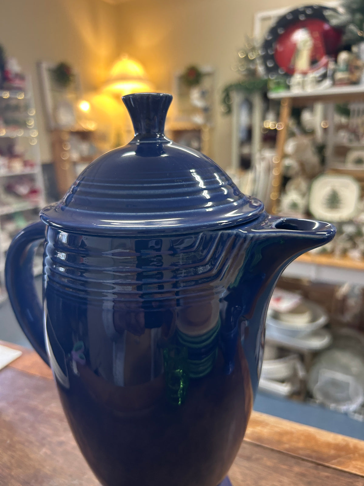 Cobalt blue coffee pot with ridged lid and long pouring spout