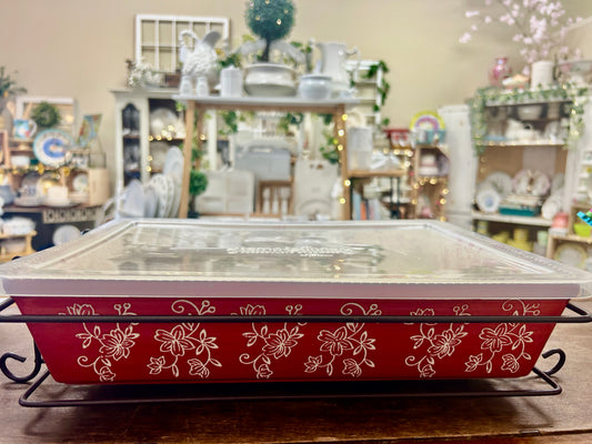 Red Temptations Floral Lace Baker, Lid, Rack, 13" x 9"