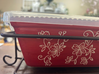 Red Temptations Floral Lace Baker, Lid, Rack, 13" x 9"