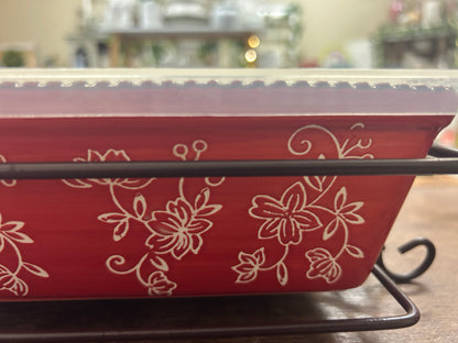 Red Temptations Floral Lace Baker, Lid, Rack, 13" x 9"