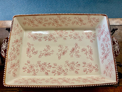 Red Temptations Floral Lace Baker, Lid, Rack, 13" x 9"