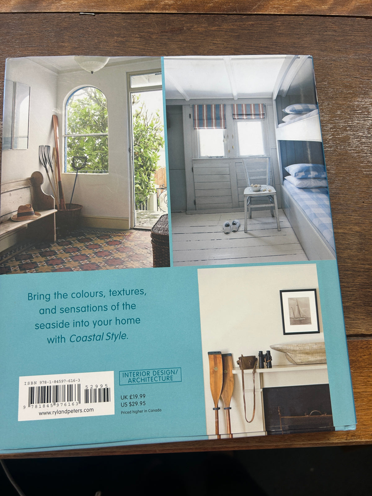 Coastal Style book back cover with interior photos and turquoise text panel