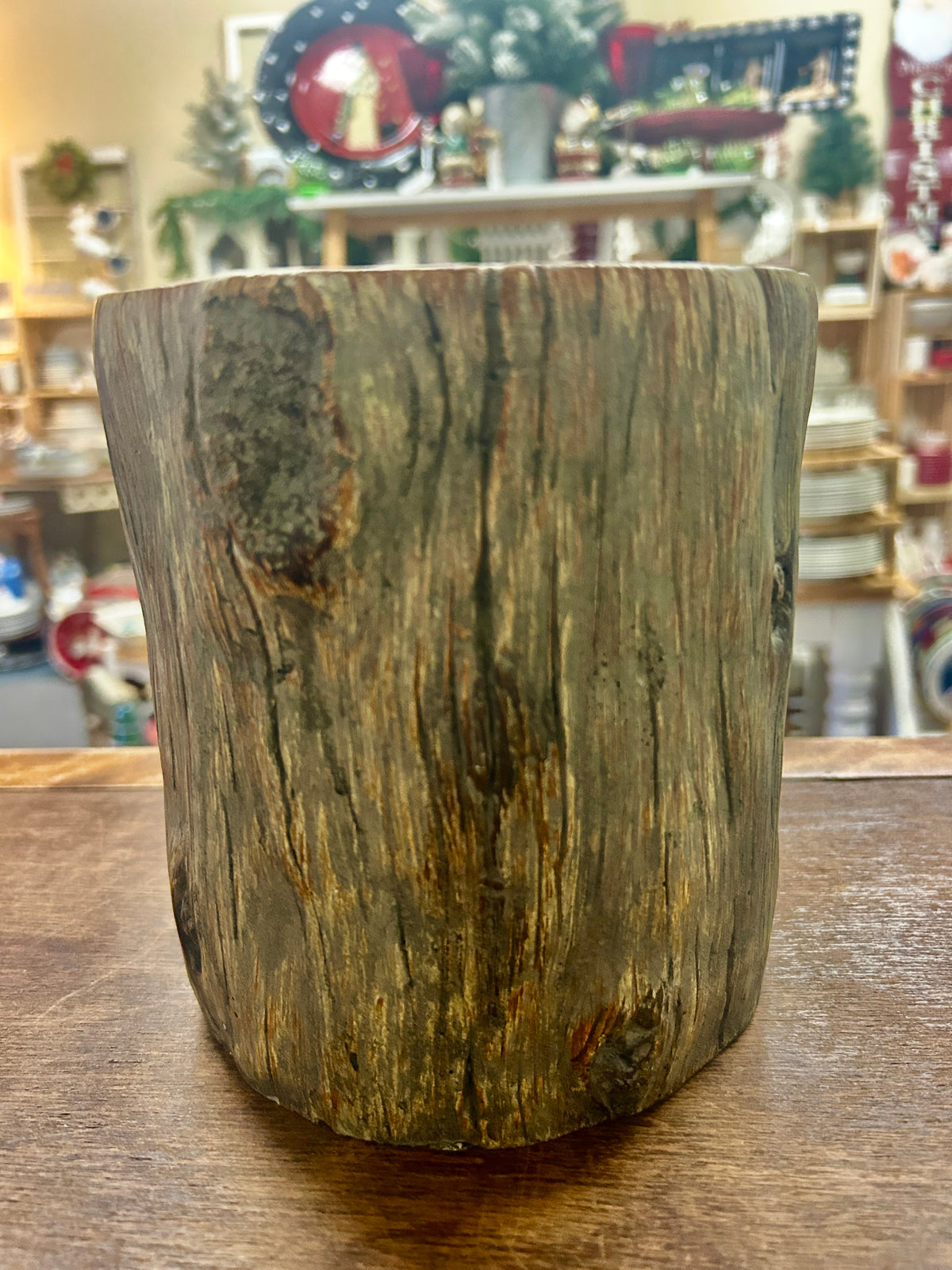 Brown Provencal tree crock with a rustic, bark-like textured exterior.