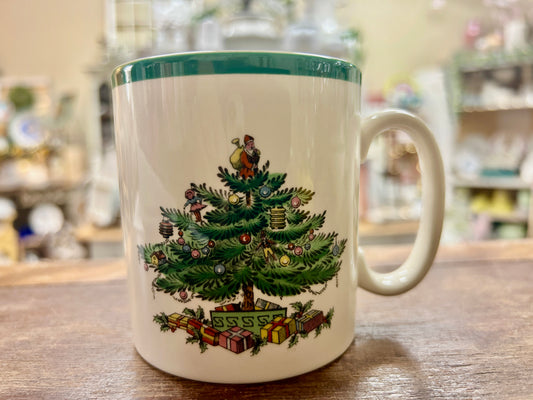 Red Green White Spode Christmas Tree Mug England, 3 1/2"