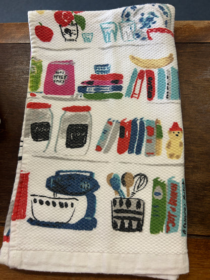 Kate Spade kitchen dish towel with colorful illustrated kitchen items and a textured weave.