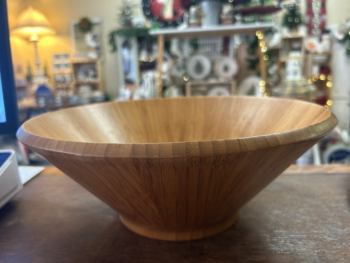 12-inch wooden salad bowl with a deep tapered shape and thick rim