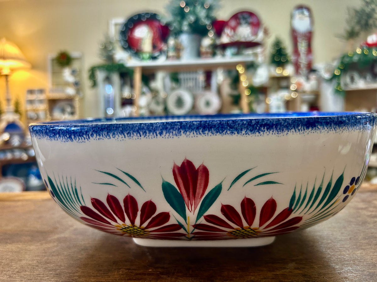 Quimper square serving bowl with blue rim and red floral decoration