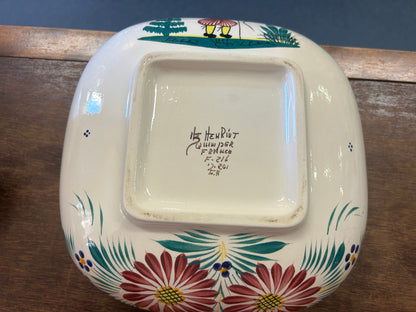 Underside of Quimper square bowl with floral decoration and maker's mark