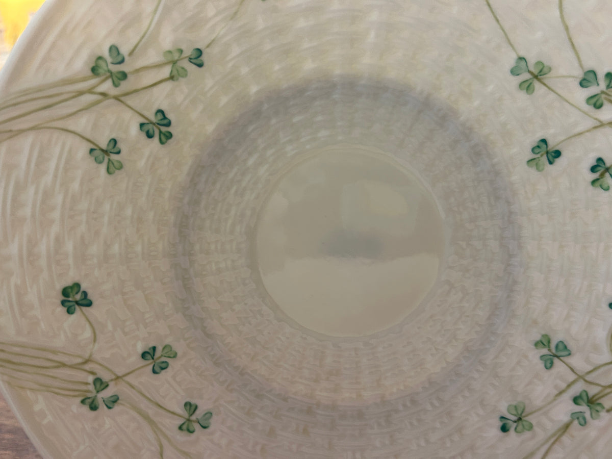 Close-up of the cream platter's basketweave pattern and shamrock details