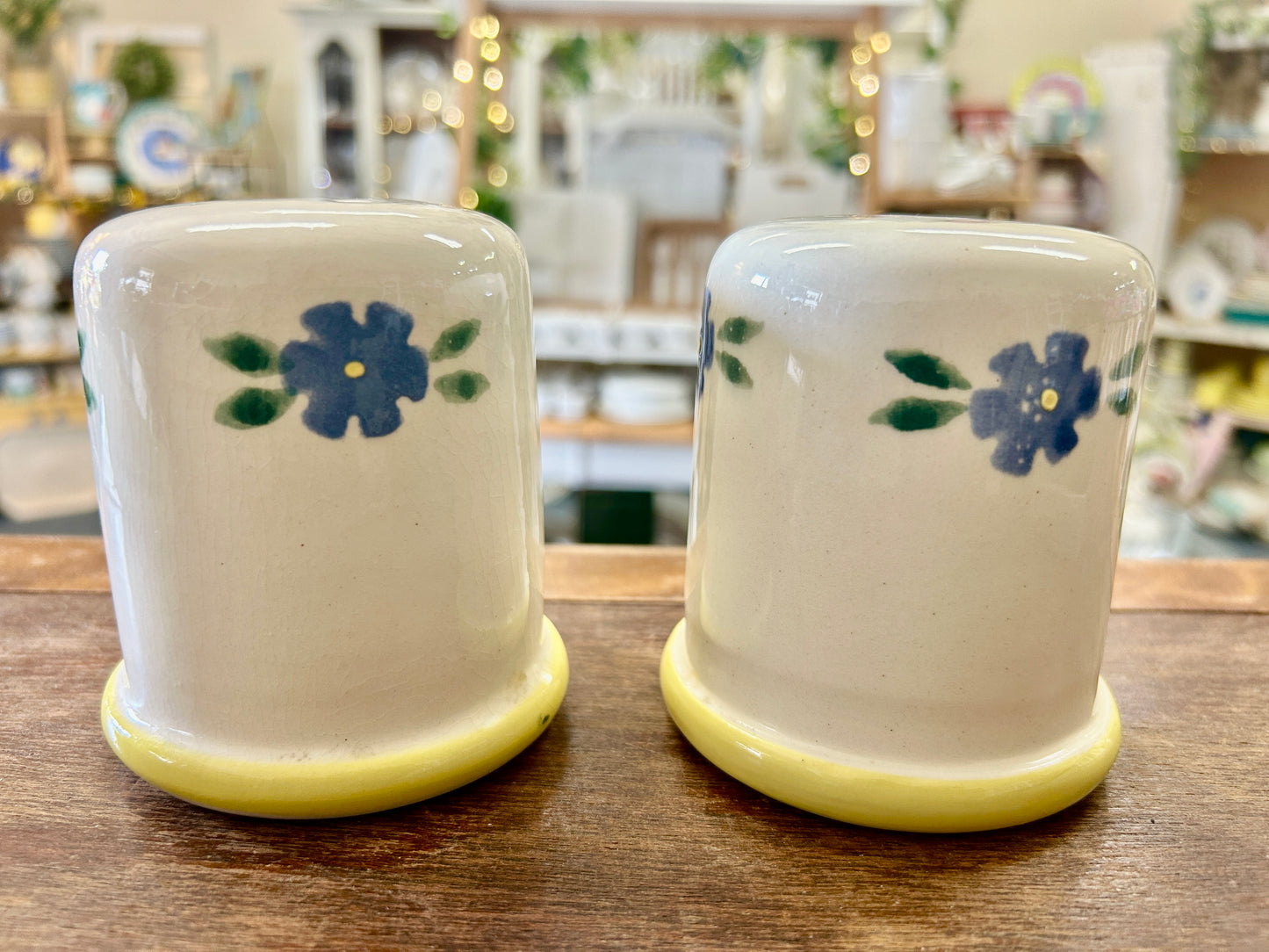 Blue & Yellow Crock Shop Blue Flowers S & P, 3 3/4"