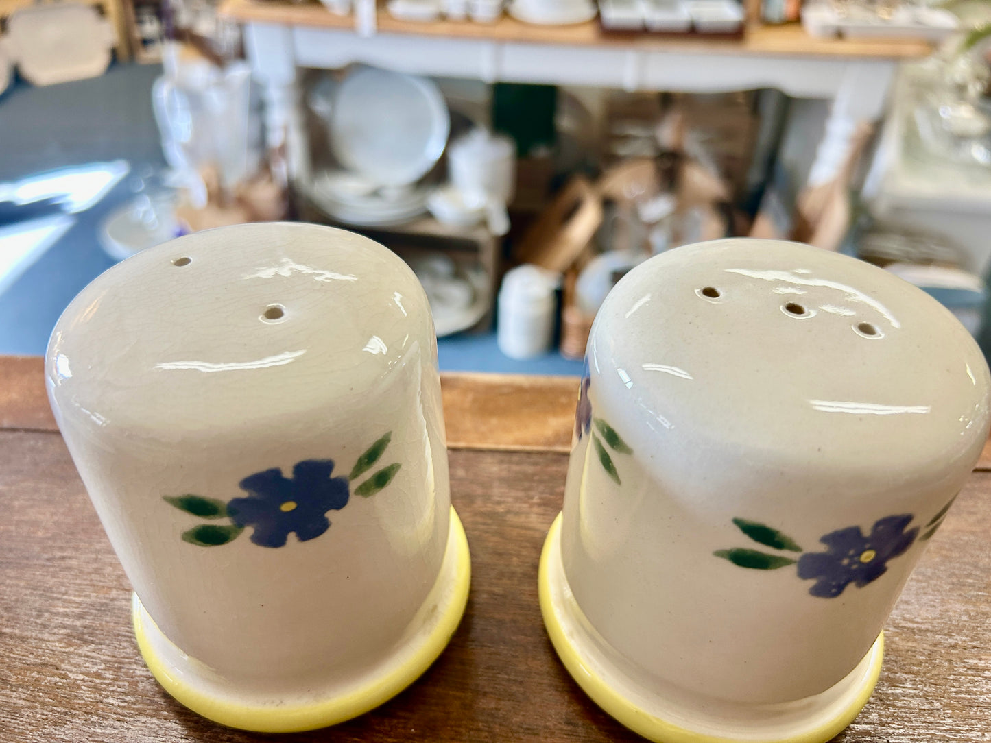 Blue & Yellow Crock Shop Blue Flowers S & P, 3 3/4"