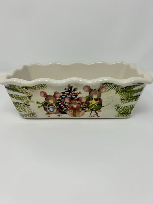 Multicolor Nantucket Vintage ~ Christmas Mice Loaf Pan, 9" x 5" x 2.5"