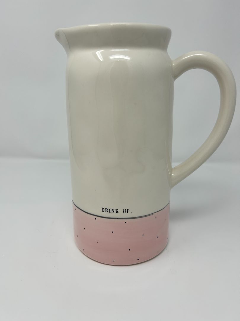 Pink Rae Dunn DRINK UP Pink Polka Dot Pitcher, 9"