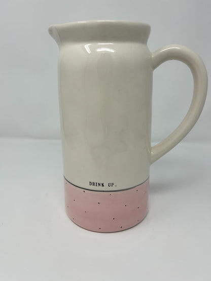 Pink Rae Dunn DRINK UP Pink Polka Dot Pitcher, 9"