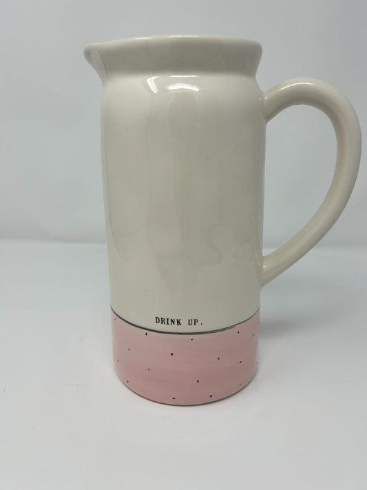 Pink Rae Dunn DRINK UP Pink Polka Dot Pitcher, 9"