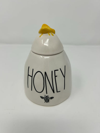 White Rae Dunn Honey Pot w/ Bee Lid, 4 1/2"
