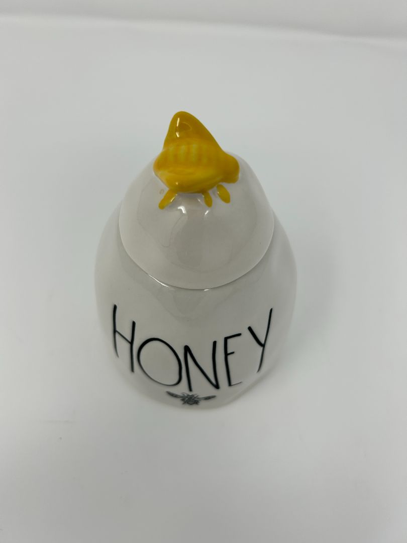 White Rae Dunn Honey Pot w/ Bee Lid, 4 1/2"
