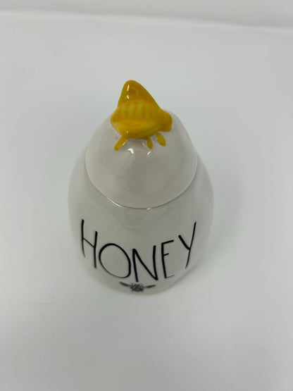 White Rae Dunn Honey Pot w/ Bee Lid, 4 1/2"