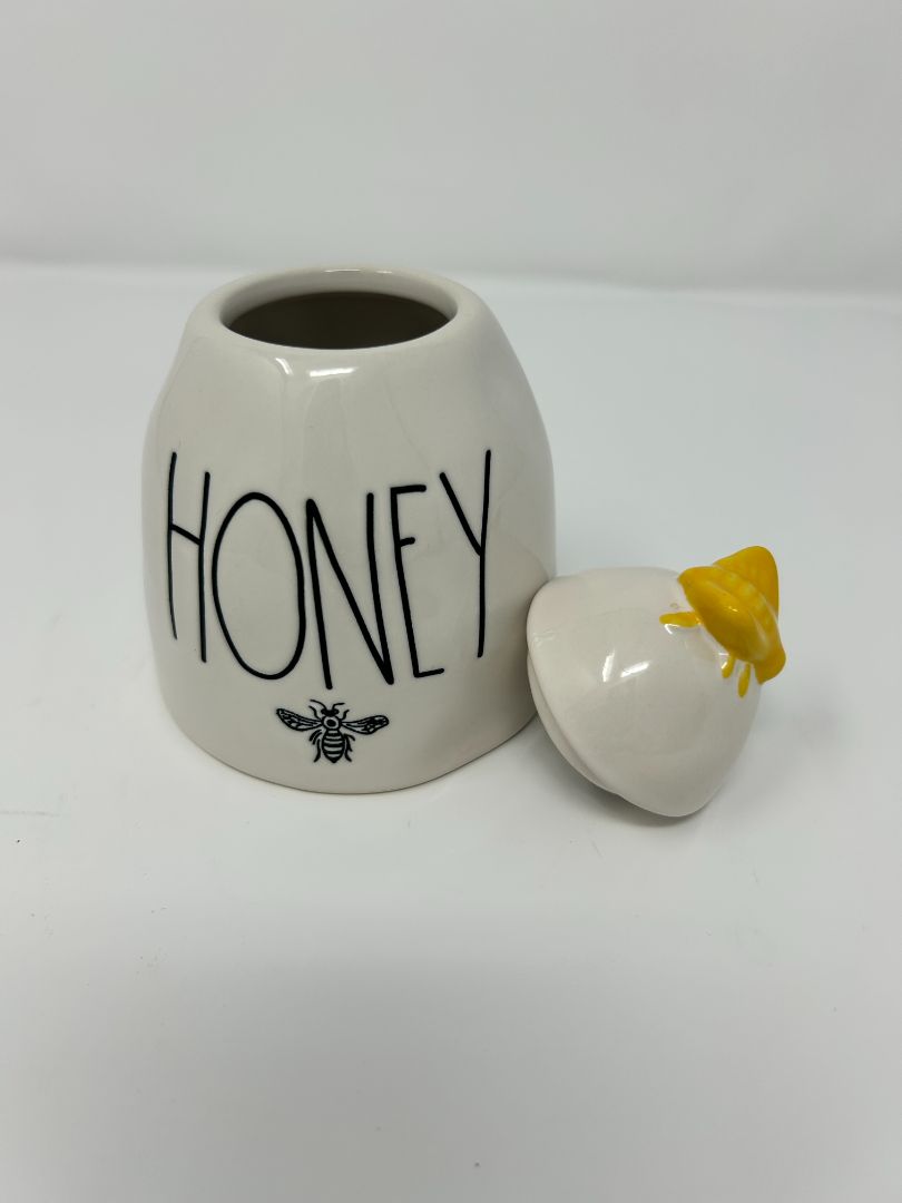 White Rae Dunn Honey Pot w/ Bee Lid, 4 1/2"