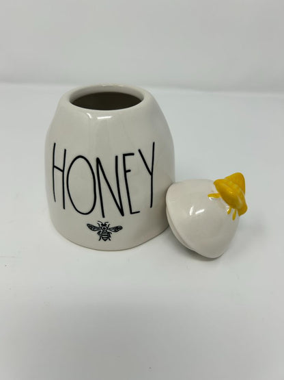 White Rae Dunn Honey Pot w/ Bee Lid, 4 1/2"