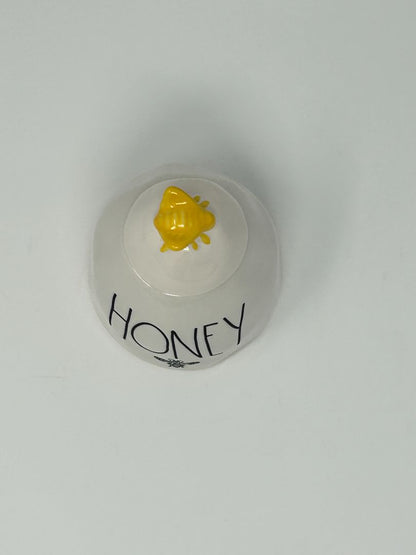White Rae Dunn Honey Pot w/ Bee Lid, 4 1/2"
