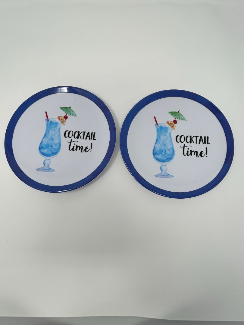 Blue  Cocktail Time Melamine Plates Set of 2, 7"