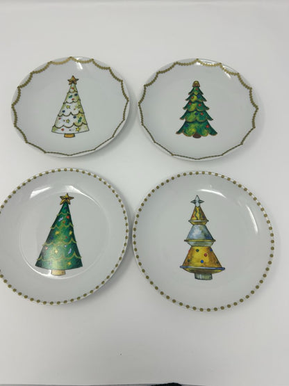 Red Green White Boston Warehouse Christmas Tree Plates Set of 4, 6 1/2"