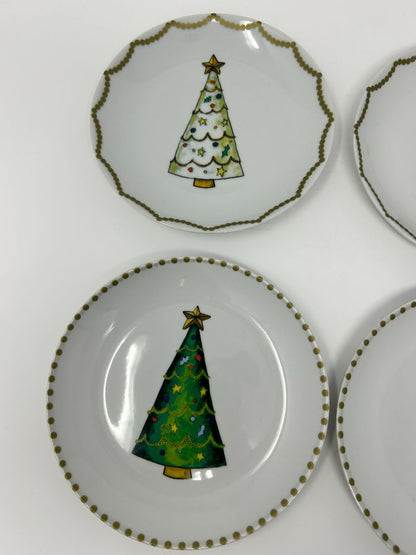 Red Green White Boston Warehouse Christmas Tree Plates Set of 4, 6 1/2"