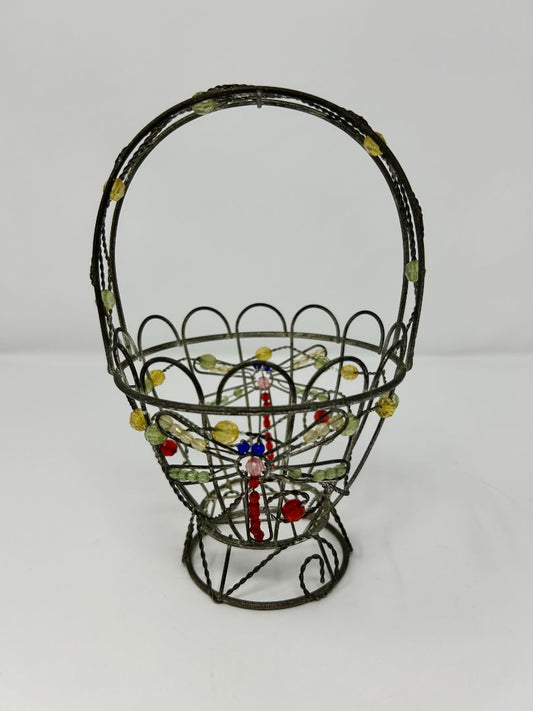 Multicolor  Metal Basket with Beaded Dragonfly, 7"