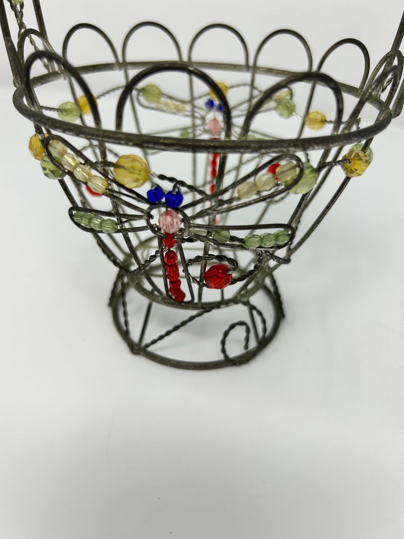 Multicolor  Metal Basket with Beaded Dragonfly, 7"