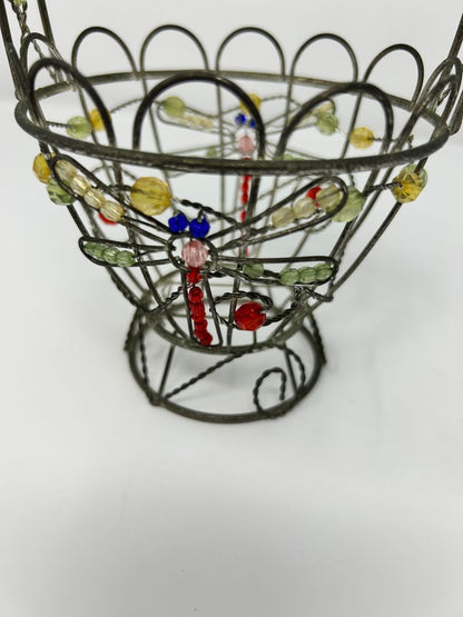 Multicolor  Metal Basket with Beaded Dragonfly, 7"