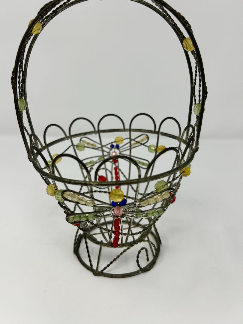 Multicolor  Metal Basket with Beaded Dragonfly, 7"