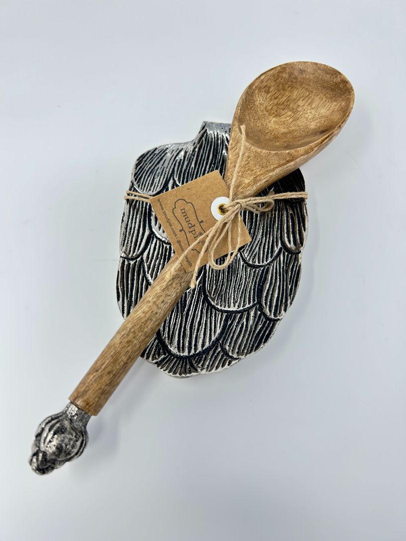 Silver Mud Pie Artichoke Spoon Rest w/ Wood Spoon NEW, 6"