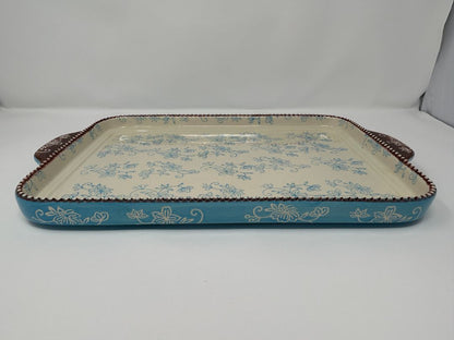 Temptations Floral Lace Blue Rect Platter Handles, 16"