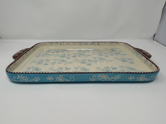 Temptations Floral Lace Blue Rect Platter Handles, 16"