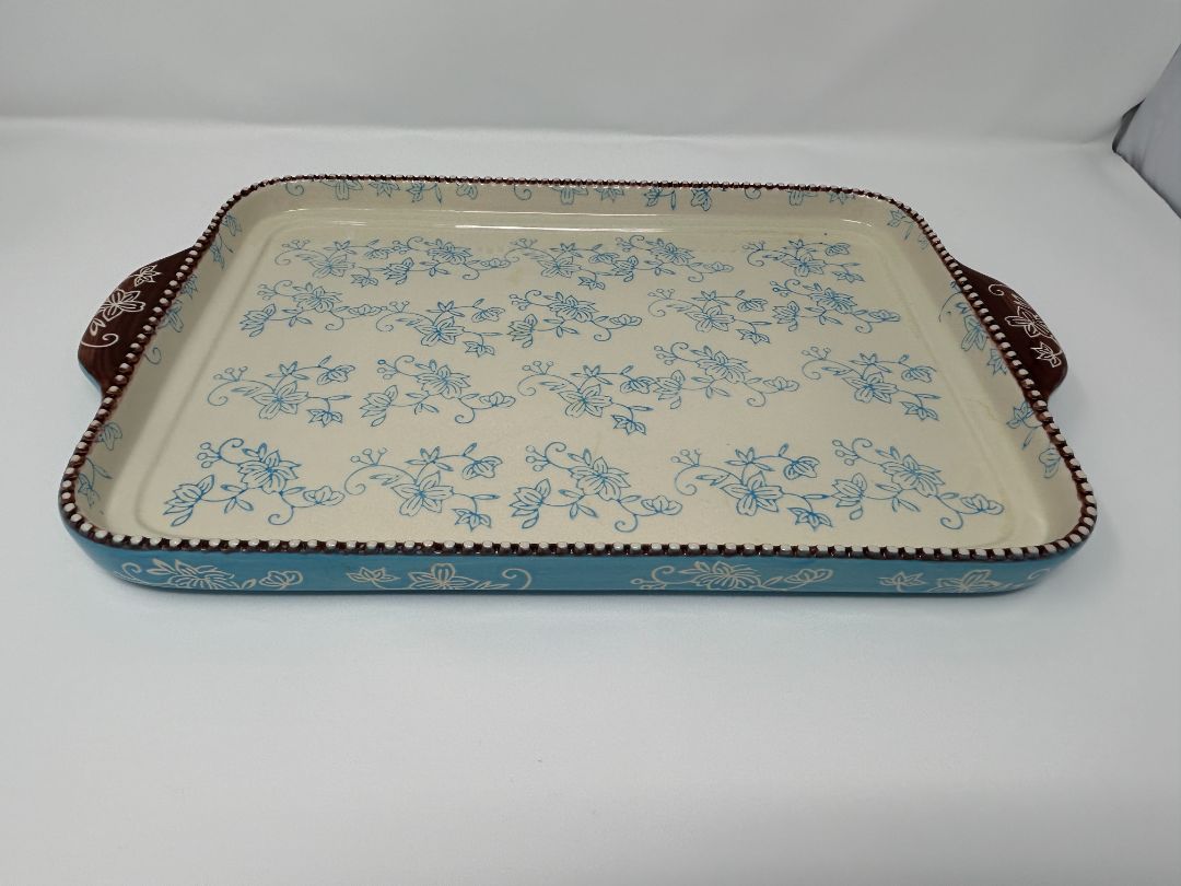 Temptations Floral Lace Blue Rect Platter Handles, 16"