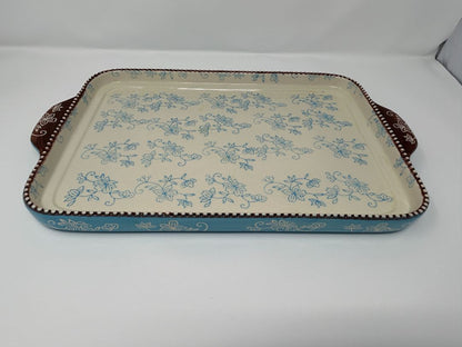 Temptations Floral Lace Blue Rect Platter Handles, 16"