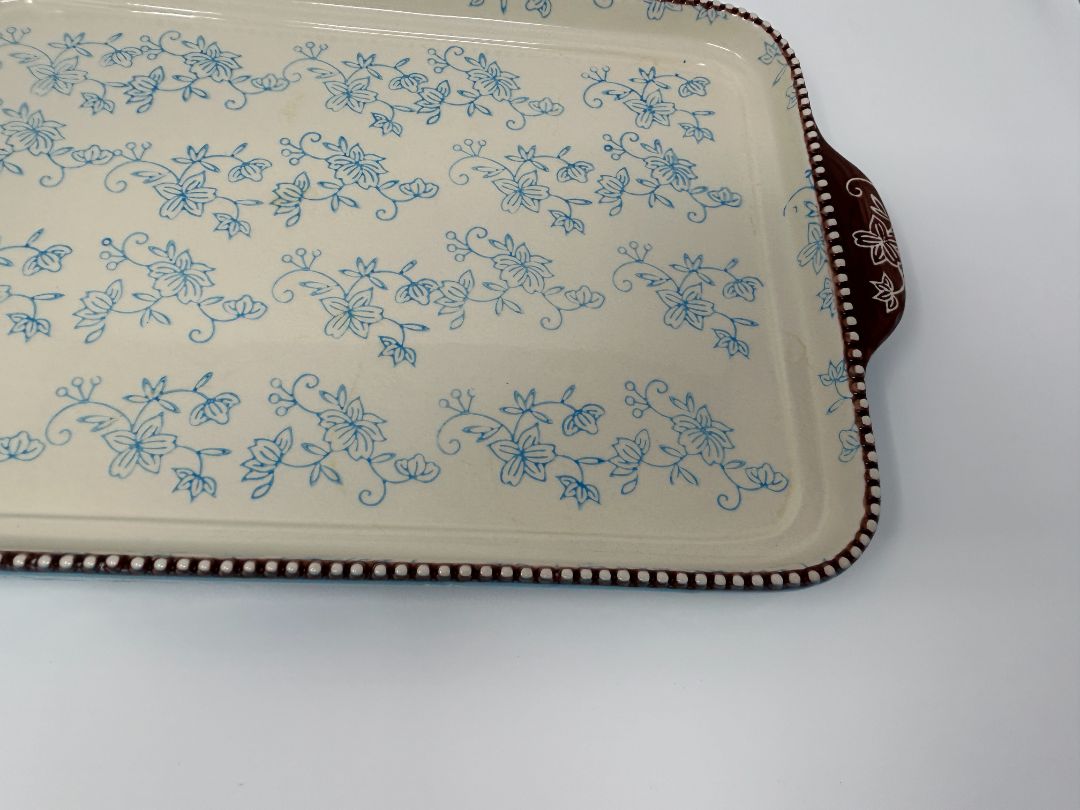 Temptations Floral Lace Blue Rect Platter Handles, 16"