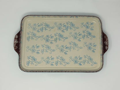 Temptations Floral Lace Blue Rect Platter Handles, 16"