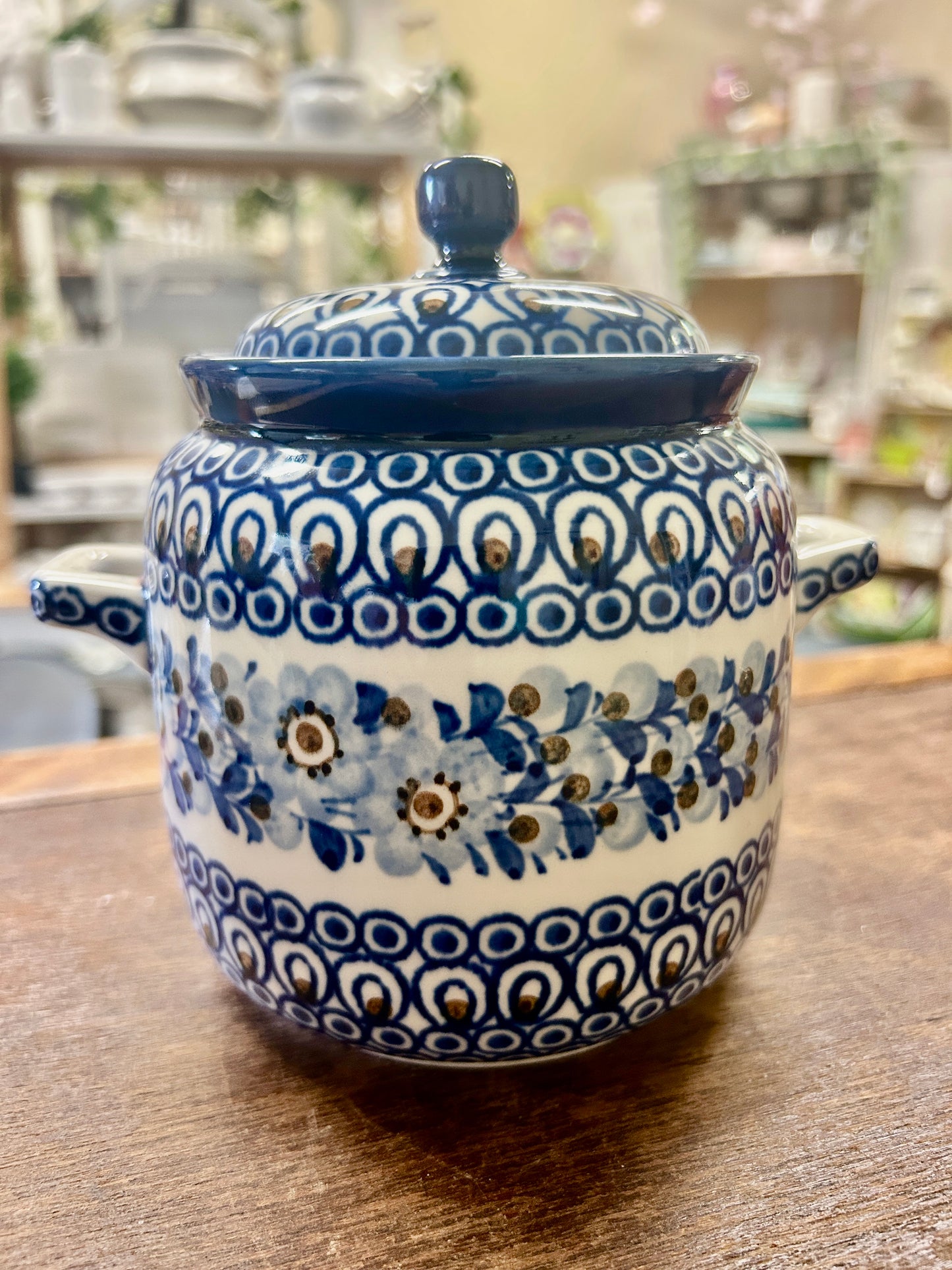 Blue & Brown UNIKAT Polish Pottery Canister w/ Handles, 6 1/4"