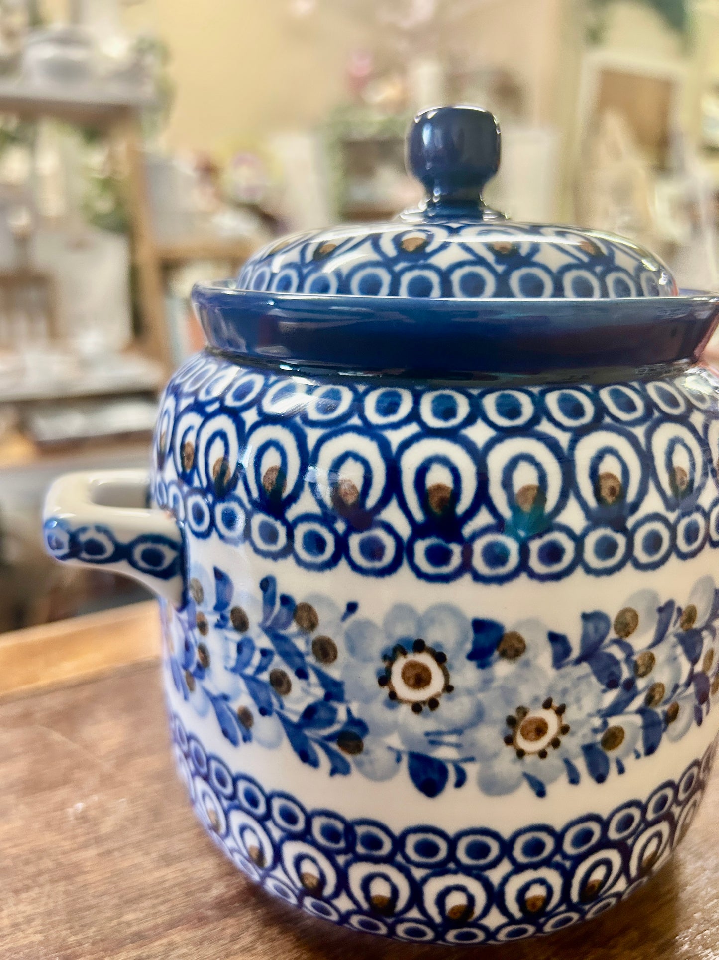Blue & Brown UNIKAT Polish Pottery Canister w/ Handles, 6 1/4"