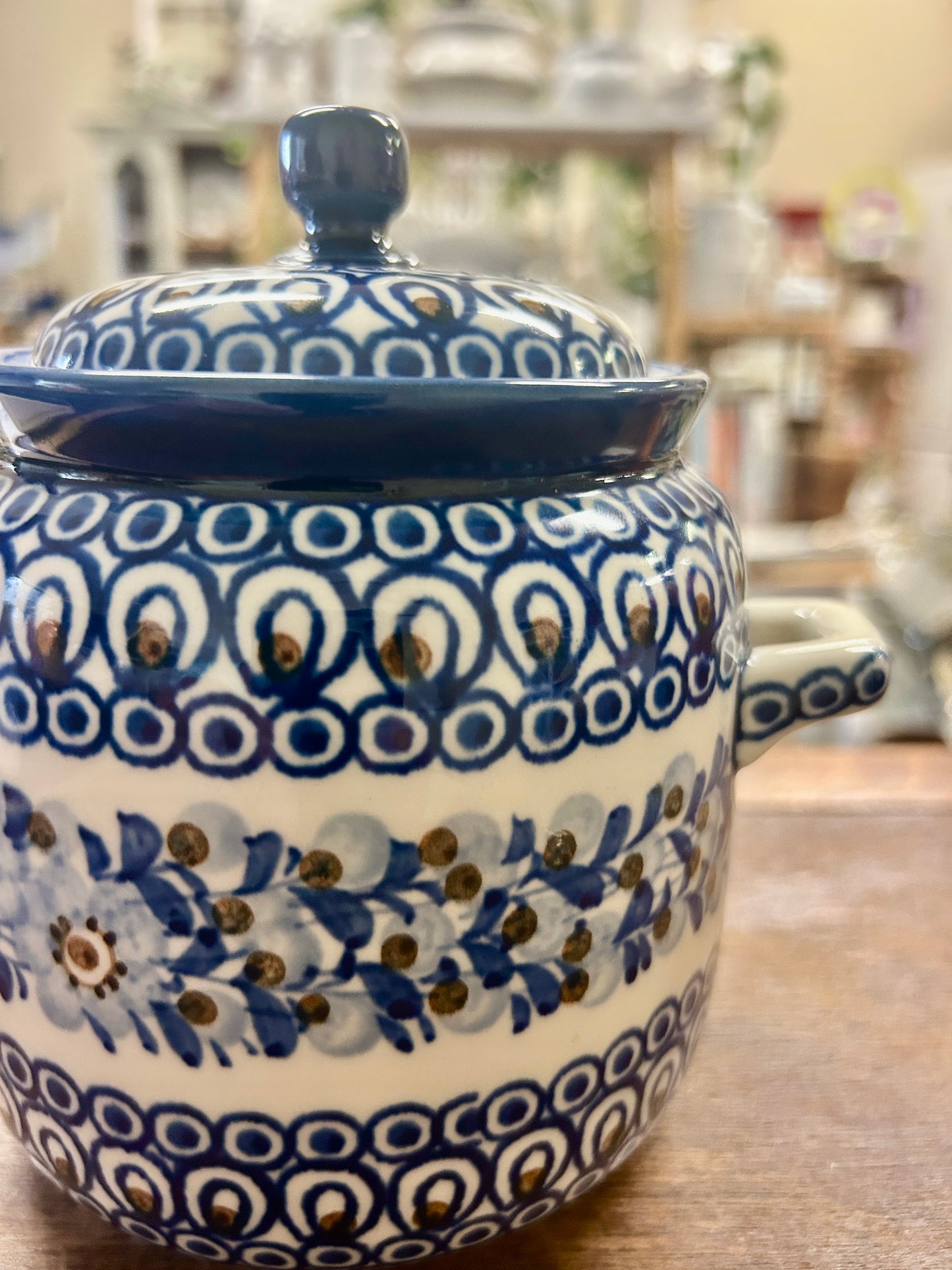 Blue & Brown UNIKAT Polish Pottery Canister w/ Handles, 6 1/4"