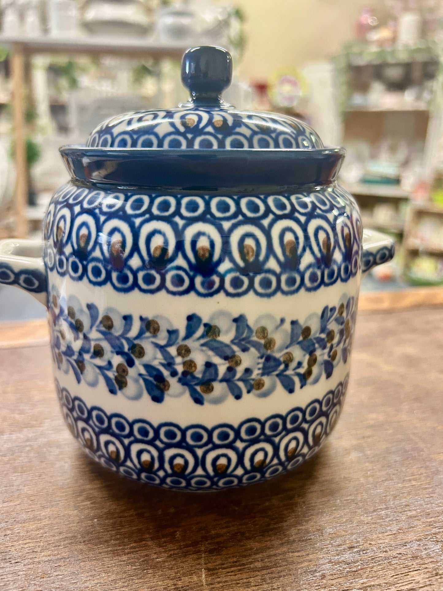 Blue & Brown UNIKAT Polish Pottery Canister w/ Handles, 6 1/4"