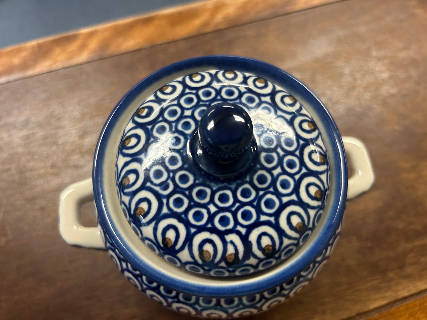 Blue & Brown UNIKAT Polish Pottery Canister w/ Handles, 6 1/4"