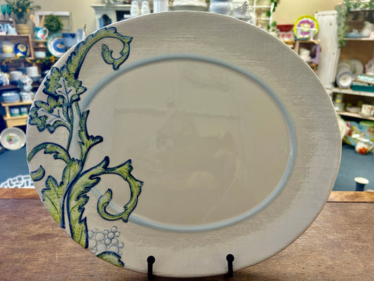 Green & White Fitz & Floyd Paloma Oval Platter, 13 1/2"