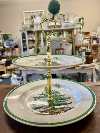 Red Green White Spode Christmas 2 Tier England, 10 1/4"