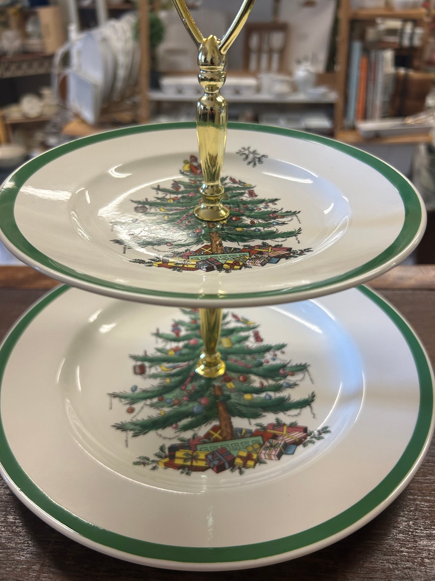 Red Green White Spode Christmas 2 Tier England, 10 1/4"