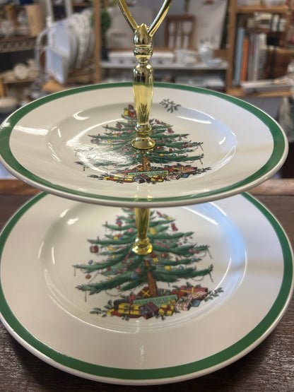 Red Green White Spode Christmas 2 Tier England, 10 1/4"