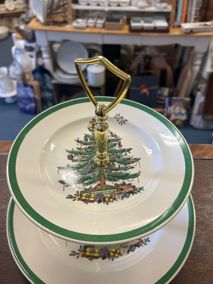 Red Green White Spode Christmas 2 Tier England, 10 1/4"