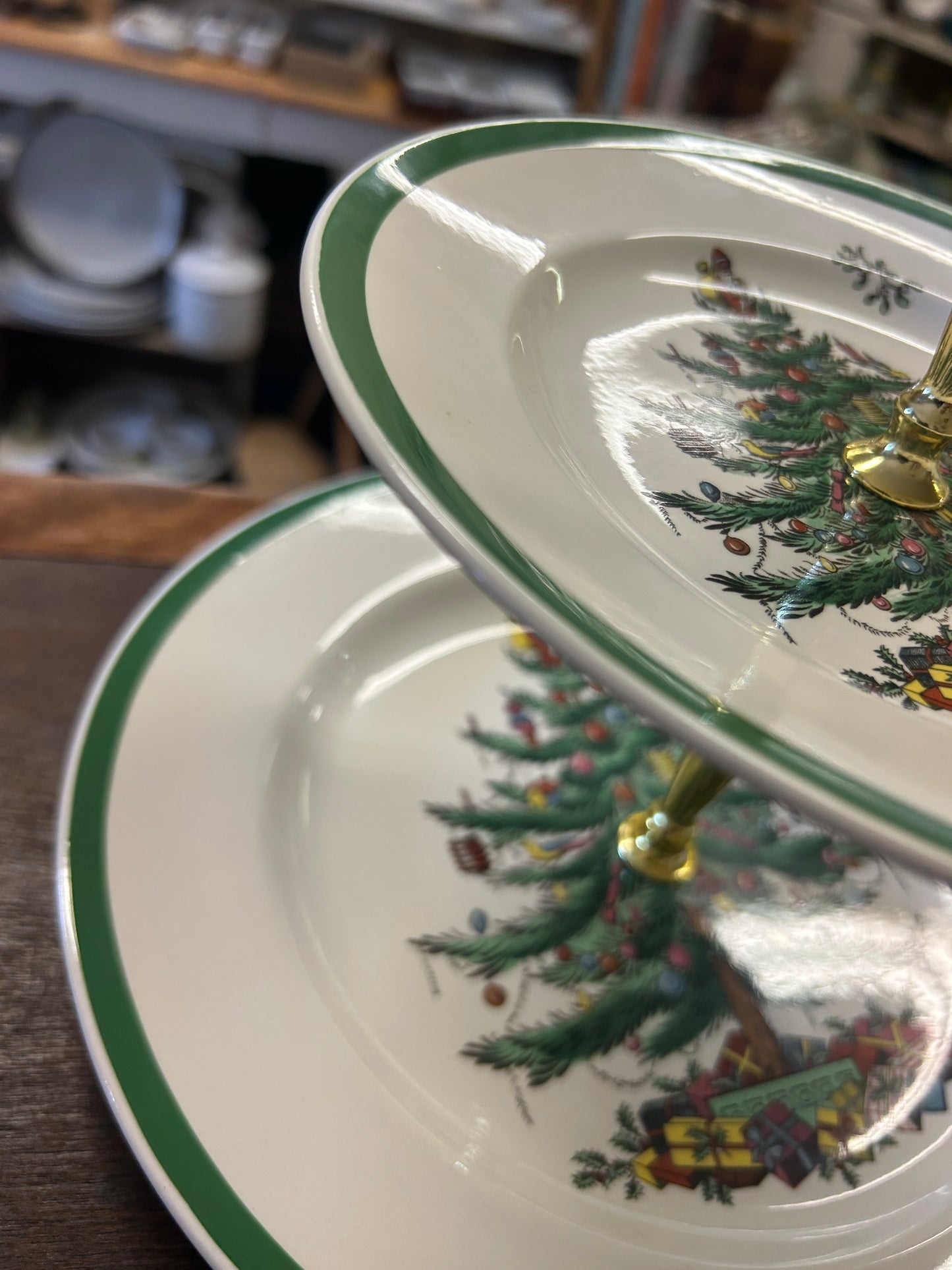 Red Green White Spode Christmas 2 Tier England, 10 1/4"